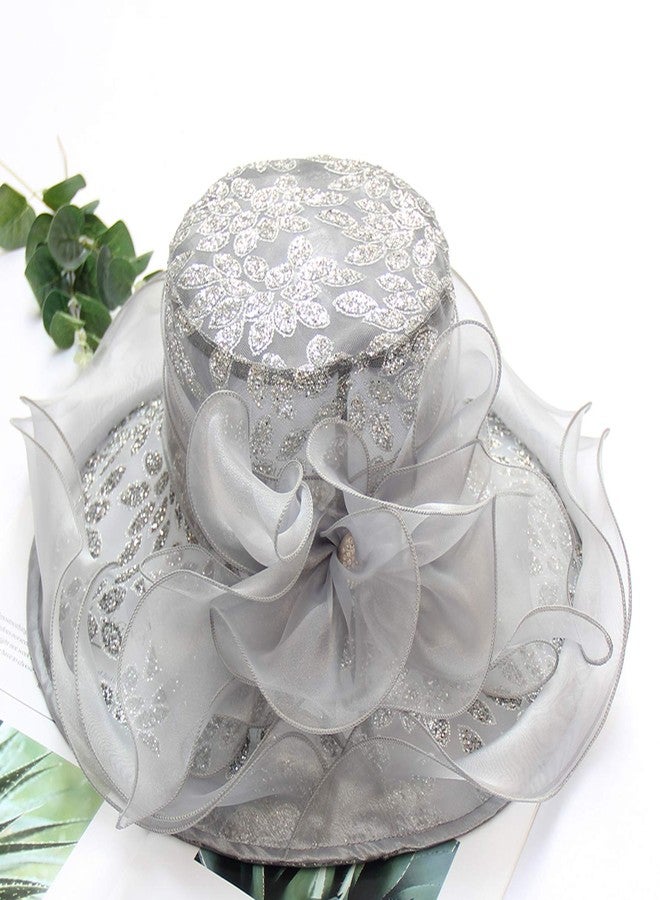 ORIDOOR Women’s Organza Church Tea Party Wedding Fascinator Hat UV-Anti Wide Brim Sun Hats A Grey, One Size - Image 5